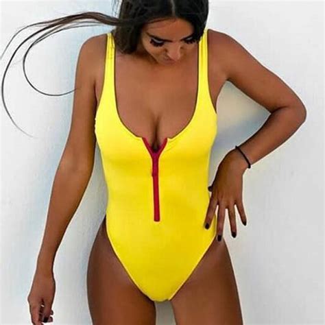 front zipper 2018 women swimwear sexy one piece swimsuit yellow backless swim suit thong bathing
