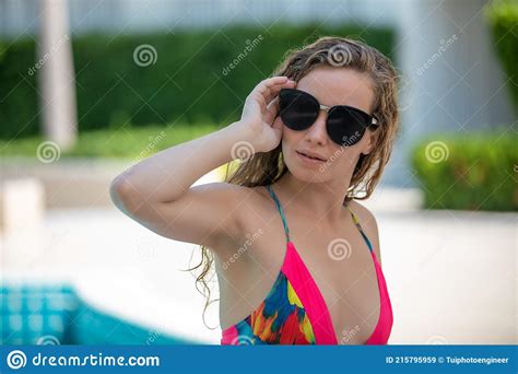 Women Wear Bikinis And Sunglass For Swimming At The Summer Recreation Pool Stock Image Image