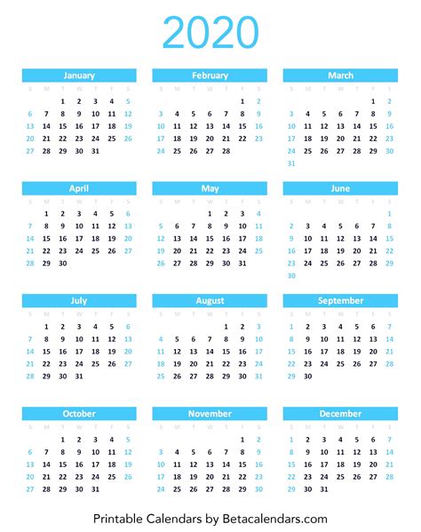 Free Printable Yearly Calendar 2019 2020