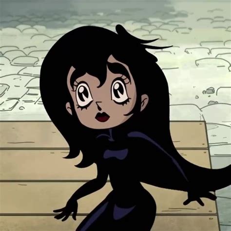 An Animated Image Of A Woman With Long Black Hair And Big Eyes Sitting