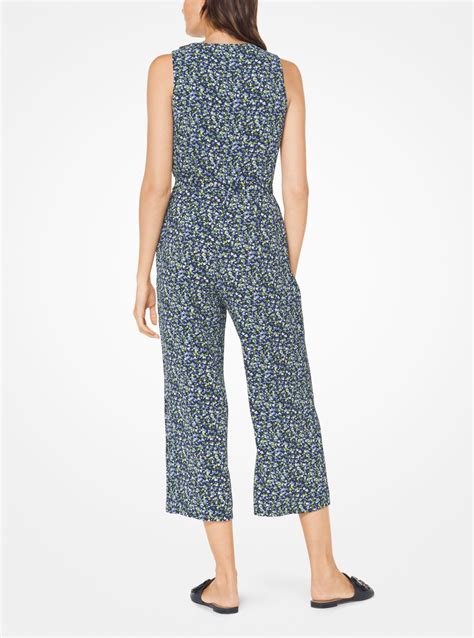 Michael Kors Leather Floral Crepe Belted Jumpsuit In Blue Lyst