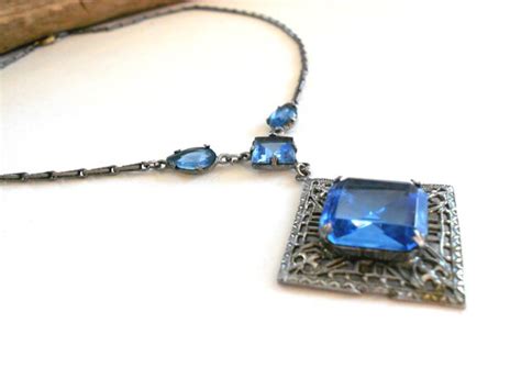 Art Deco Czech Glass Necklace Blue Glass Rhinestone Lavaliere
