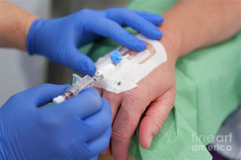 nurse putting an iv cannula in a patient s hand photograph by arno massee science photo library