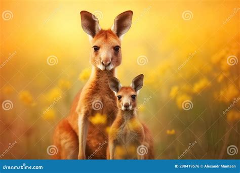 Mother Kangaroo With Her Little Cute Baby Kangaroo Stock Photo Image