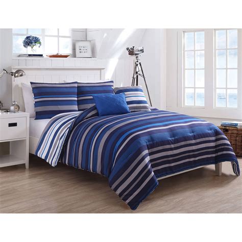 Vcny Home Blue Justin Stripe 45 Piece Reversible Bedding Comforter Set Decorative Pillows In