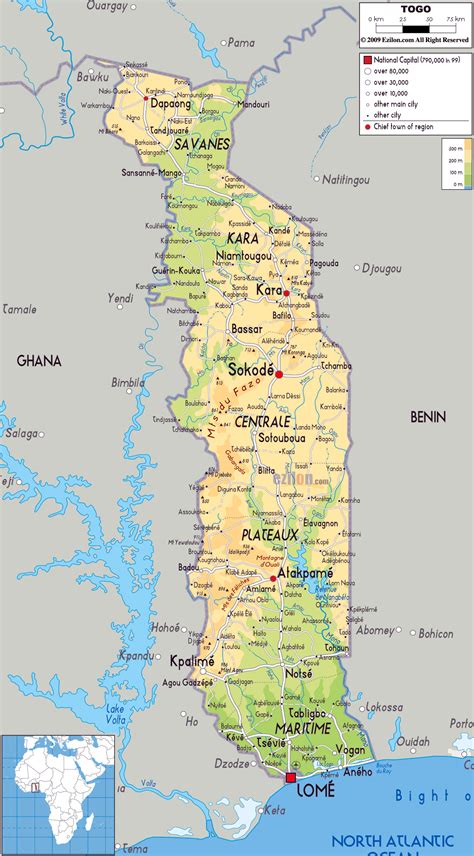 Togo, officially the togolese republic, is a thin sliver of land in western africa. Large physical map of Togo with roads, cities and airports ...
