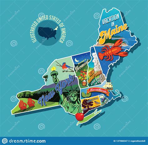 Illustrated Pictorial Map Of Northeast United States Stock Vector