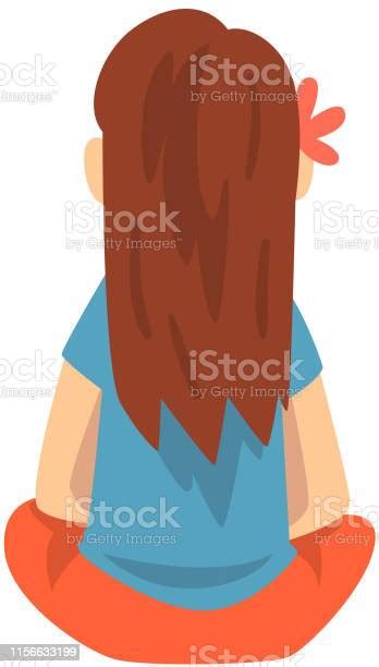 Girl Sitting On Floor Little Preschool Kid Character View From Behind