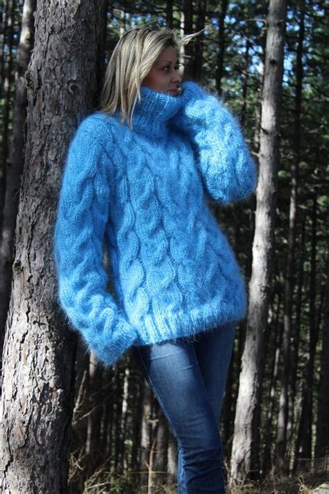 Cable Hand Knitted Mohair Sweater Turtleneck Fuzzy Blue Created