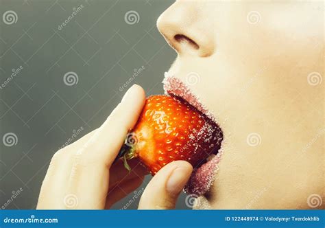 Female Sugar Lips Bite Red Strawberry Stock Photo Image Of Strawberry