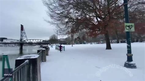 Portland Residents Ski In Snow Covered Streets As Severe Winter Weather