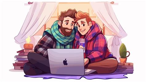 Happy Gay Couple Covered With Plaid Cuddling And Watching Together