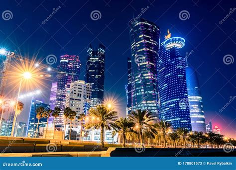 Night View On The Centre Of The City Doha Qatar With Many Modern
