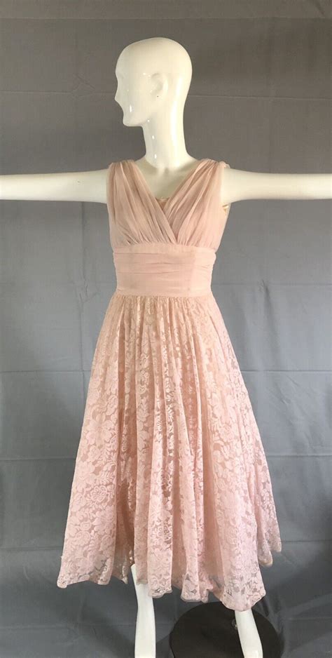 Vintage 1950s Party Dress Blush Pink Lace Over Tulle Gem