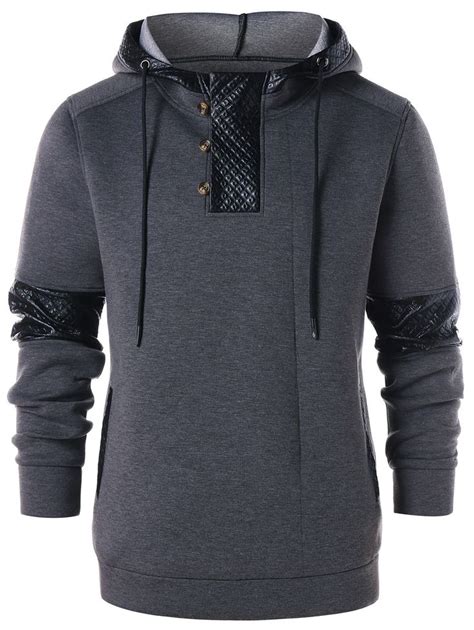 Button Embellished Pu Leather Panel Hoodie Embellished Hoodie