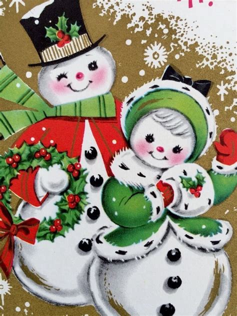 Brightly Colored Cute Snowman Couple 1950s Vintage Christmas