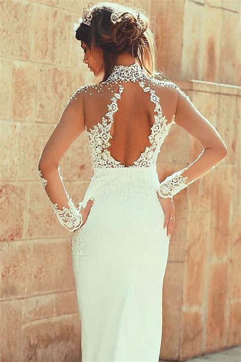 V front and back neckline. High Neckline Sheath Wedding Dresses With Beaded Lace ...