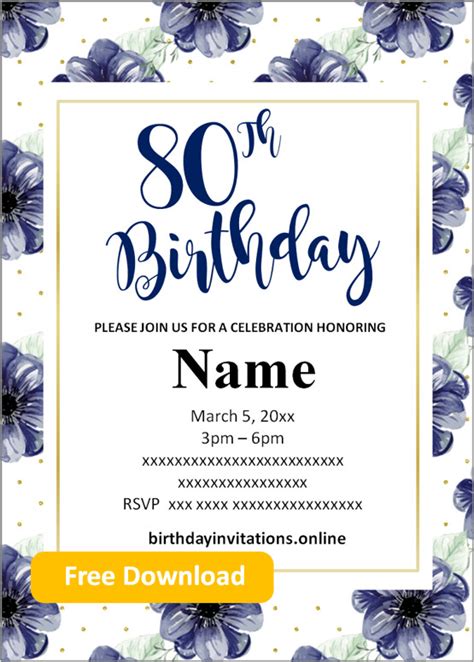 Free Printable 80th Birthday Invitations Templates Party Invitation