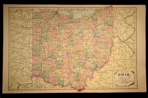 Antique Ohio Map State Late 1800s Original By Mapsbooksephemera