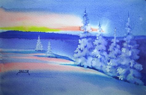 Watercolor In The Village Winter Sunset