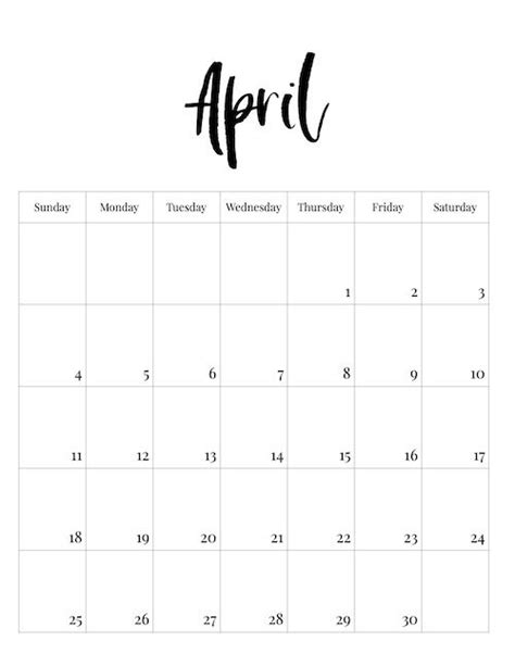April Free Printable Monthly Calendar Pages To Print Vertical Black