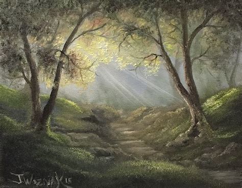 Sunlit Forrest By Justin Wozniak Landscape Painting Forrest