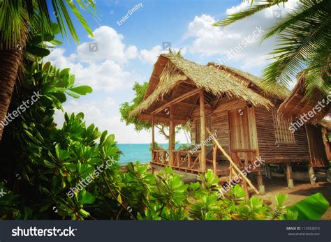 View Of Nice Exotic Bamboo Hut On Tropical Beach Stock Photo 113553010