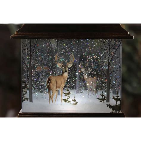 Bronze Woodland Deer Scene Lighted Water Lantern In Swirling Glitter