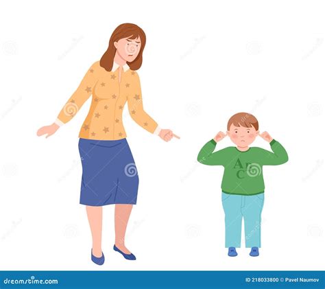 Annoyed Dad Scolding Her Son Closing His Ears Vector Illustration Stock