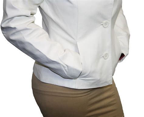 Womens Soft Genuine White Leather Short Buttons Closure Fitted Jacket