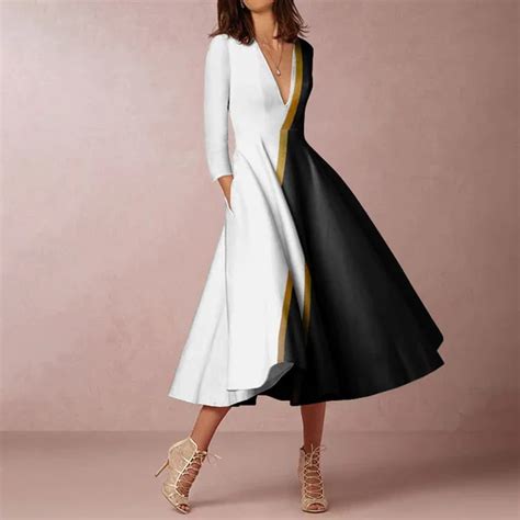 New Sexy Deep V Neck Loose Hem Long Dress Fashion Office Lady Print A Line Dress Women Elegant