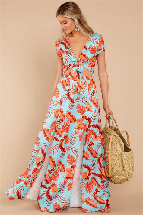 Chic Aqua Tropical Print Maxi Dress Trendy Tropical Print Maxi Dress