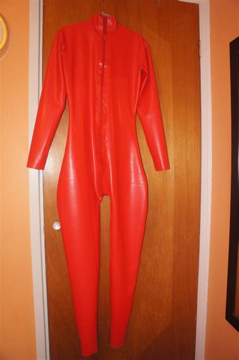 Red Latex Catsuit Back Thru Crotch Zip High Neck Size L See Description