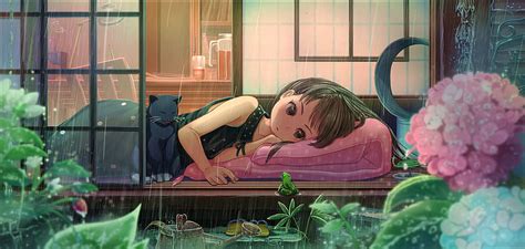 Rainy Night Pillow Hydrangea Window Manga Black A Cat Tagme
