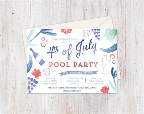 Adult Pool Party Invitation 4th Of July By Dulcegraceprintables