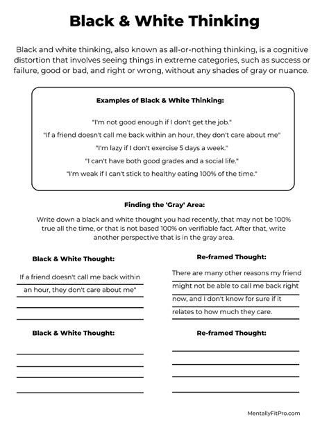 Black And White Thinking Worksheet Mentally Fit Pro