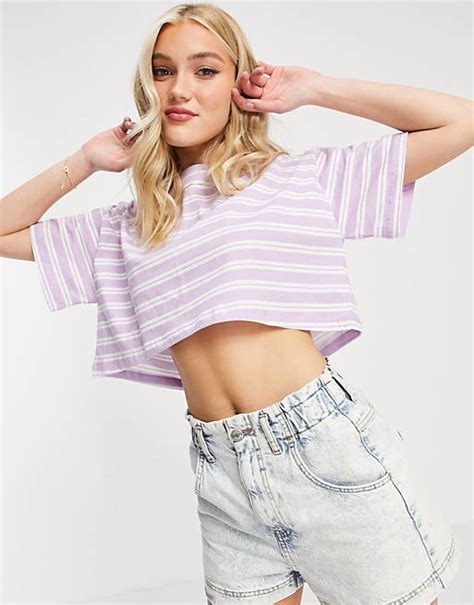 Asos Design Oversized Cropped T Shirt In Lilac Stripe Asos