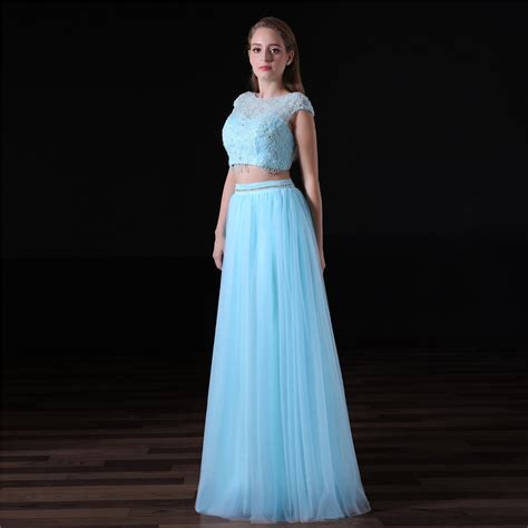 Light Blue Two Piece Prom Dress A Line Long Party Dress