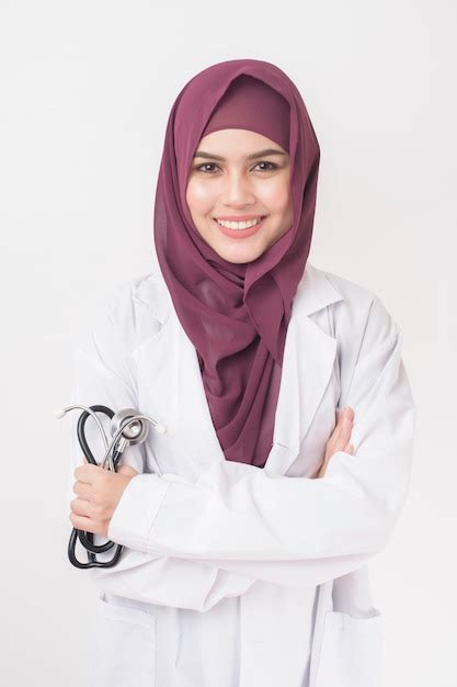 Premium Photo Beautiful Woman Doctor With Hijab Portrait On White