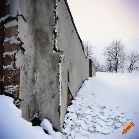 Abstract Image Of A Destroyed Concrete Wall In Snowy Winter