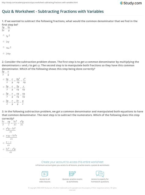 Addition and subtraction of algebraic fractions. Quiz & Worksheet - Subtracting Fractions with Variables | Study.com