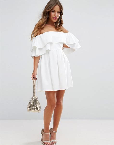 lyst asos ruffle off shoulder mini dress in white