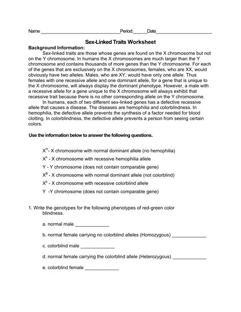 Sex Linked Traits Worksheet Answer Key Support Worksheet Free