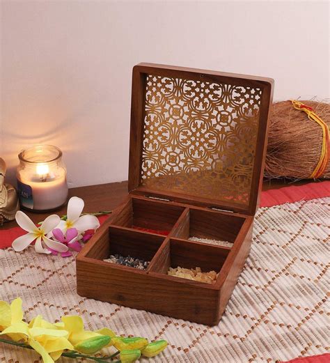 Buy Brown Wood And Brass And Glass Pavitra Sheesham Brass Pooja Box 4