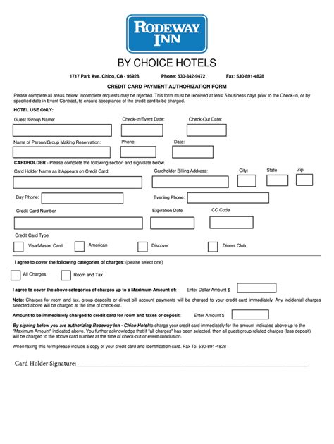 There are no restrictions or conditions on this authorization unless otherwise written above. Choice Hotels Credit Card Authorization Form - Fill Out and Sign Printable PDF Template | signNow