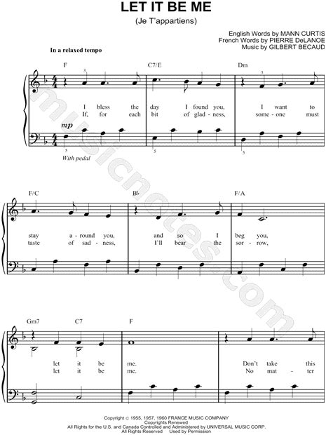 The Everly Brothers Let It Be Me Sheet Music Easy Piano In F Major