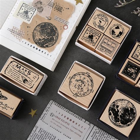 Wooden Rubber Stamps Set Universe Theme Diy Rubber Stamp Set For Card