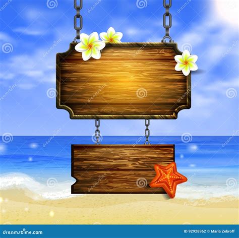 Summer Wooden Sign On Tropical Beach Background Stock Vector