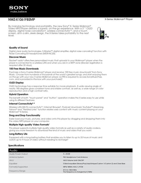 sony walkman nwz x1061fbsmp specifications pdf download manualslib