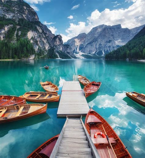 Lago Di Braers Lake Dolomite Alps Italy Boats On The